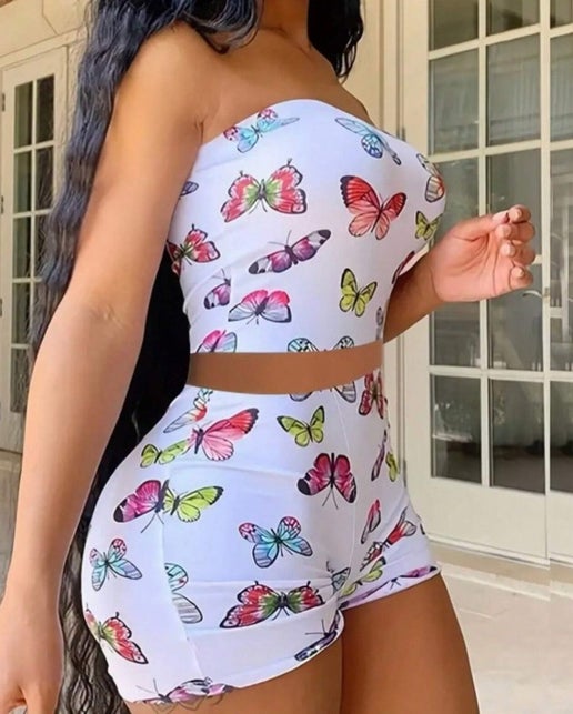 2 PIECE BUTTERFLY WHITE SHORT OUTFIT